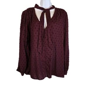 LOFT Top Women XL Maroon Tie Neck Swiss Dot Long Slv Button Up Career WhimsiGoth